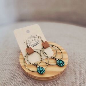HANDMADE Pur Bronze Double Hoop Earrings with Teal Sunburst Charms